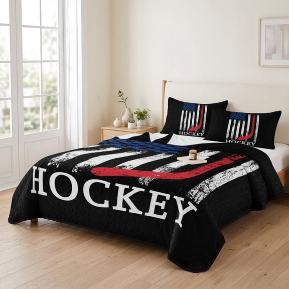 Firefighter American Flag Thin Red Line 3 Pieces Quilt Set,1 Quilt with 2 Shams,Hockey Sport Bedspread Soft Lightweight Bedding Coverlet Comforter Set for All Season 90"x96"