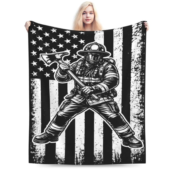 Firefighter Axe Throw Blanket, American Flag Firefighter Hero Fleece Blanket, Black and White Patriotic Fireman Blanket for Sofa Bed 50x40