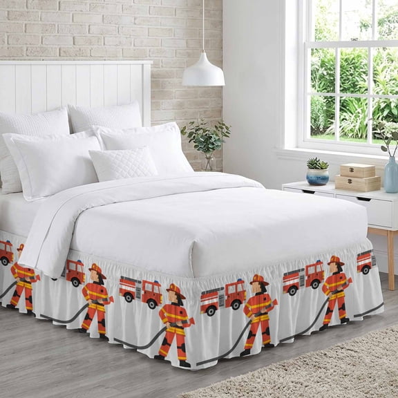 Firefighter Bed Skirt King Size 16 Inch Drop, Carton Fireman in Uniform Red Fire Truck Grey Adjustable Elastic Dust Ruffles Bedskirt for King Bed Wrap Around Pleated Mattress Frame Cover