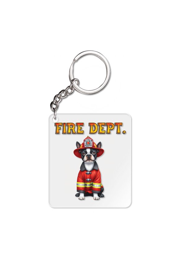 Firefighter Boston Terrier Hero Rescue Fire Dept Fireman USA Flag Acrylic Keychain Gentleman Dog Lover Gifts Collar Charm Tag Keyring - 02026