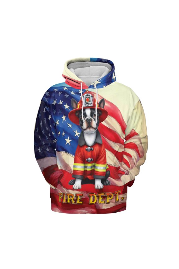 Firefighter Boston Terrier Hero Rescue Fire Dept Fireman USA Flag All Over Print 3D Hoodie Unisex Merch Hoodies Gentleman Dog Lover Gifts - 02026