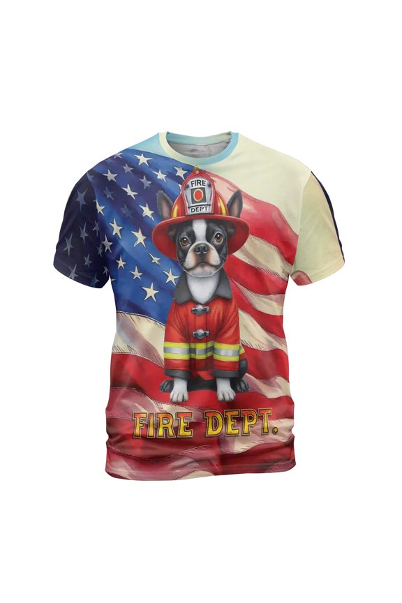 Firefighter Boston Terrier Hero Rescue Fire Dept Fireman USA Flag All Over Print 3D Shirt Unisex Merch Gentleman Dog Lover Gifts - 02026