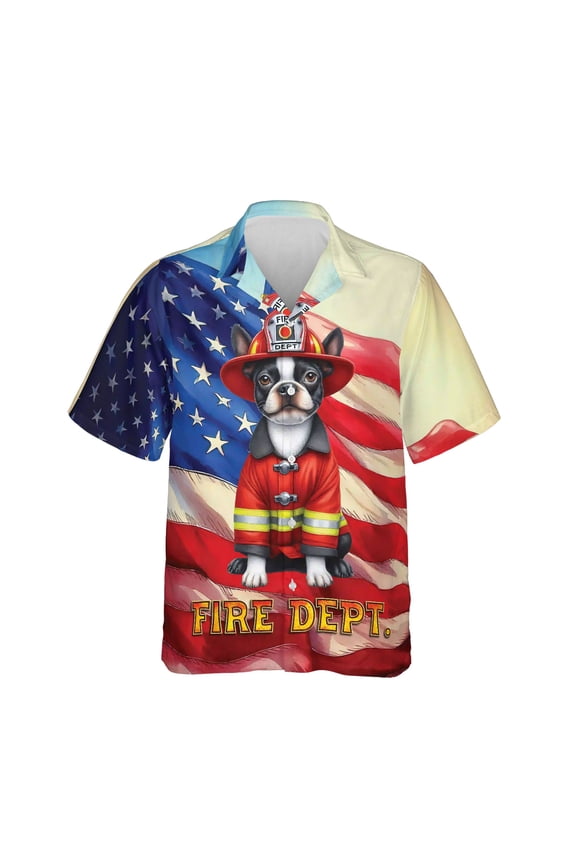 Firefighter Boston Terrier Hero Rescue Fire Dept Fireman USA Flag Hawaiian Shirt Breathable Summer Unisex Merch Gentleman Dog Lover Gifts - 02026