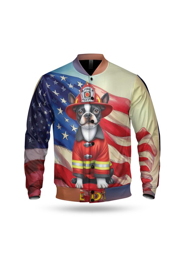 Firefighter Boston Terrier Hero Rescue Fire Dept Fireman USA Flag All Over Print 3D Baseball Jacket Gentleman Dog Lover Gifts Bomber Jacket Softball - 02026