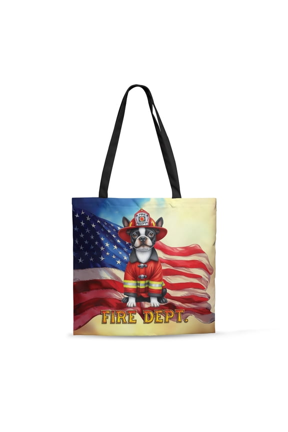 Firefighter Boston Terrier Hero Rescue Fire Dept Fireman USA Flag All Over Print 3D Canvas Tote Bag Gentleman Dog Lover Gifts Reusable Handbag - 02026