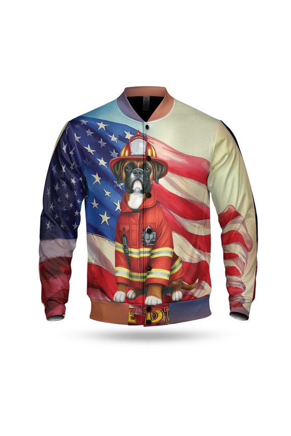Firefighter Boxer Hero Rescue Fire Dept Fireman USA Flag All Over Print 3D Baseball Jacket Boxers Dog Lover Gifts Idea Bomber Jacket Softball - 02026