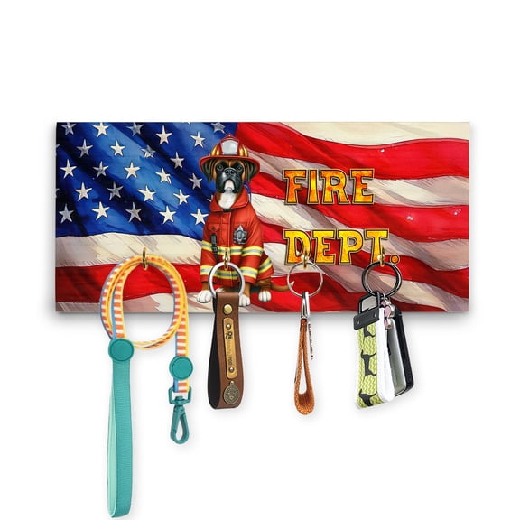 Firefighter Boxer Hero Rescue Fire Dept Fireman USA Flag Wood Key Holder Boxers Dog Lover Gifts Idea Wall-mounted Key Rack Home Decor - 02026