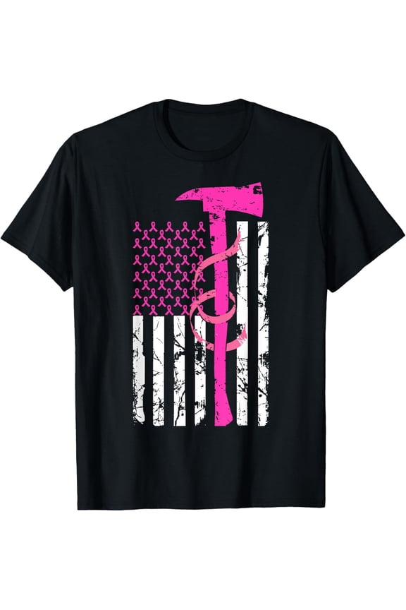 Firefighter Breast Cancer Awareness USA Flag Pink Ribbon T-Shirt