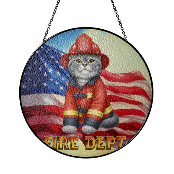 Firefighter British Shorthair Hero Rescue Fire Dept Fireman USA Flag Stained Glass Suncatcher Cat Lover Kitten Owner Gifts Window Hanging Sign Decor - 02026