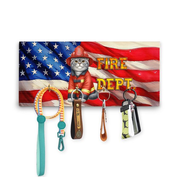 Firefighter British Shorthair Hero Rescue Fire Dept Fireman USA Flag Wood Key Holder Cat Lover Kitten Owner Gifts Wall-mounted Key Rack Home Decor - 02026