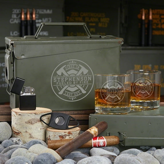 Firefighter Brotherhood All The Vices Customized Ammo Can and Whiskey Glasses Gift Set