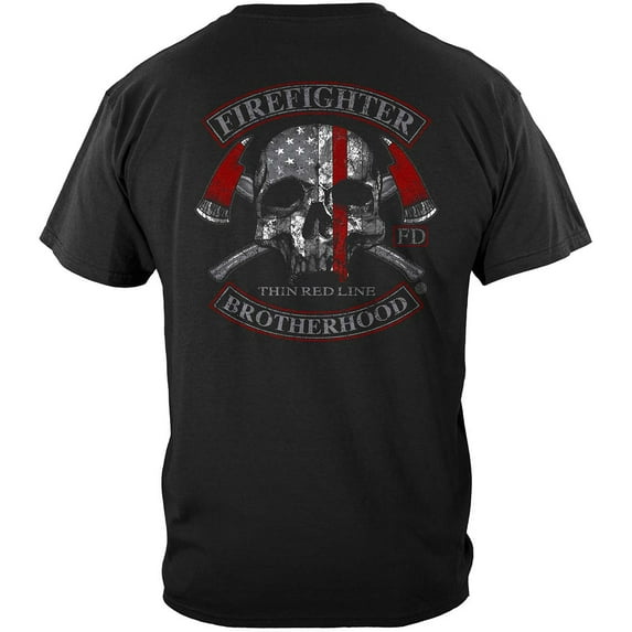 Firefighter Brotherhood Skull Thin Red Line Firefighter 100% Cotton Black T-Shirt X-Large