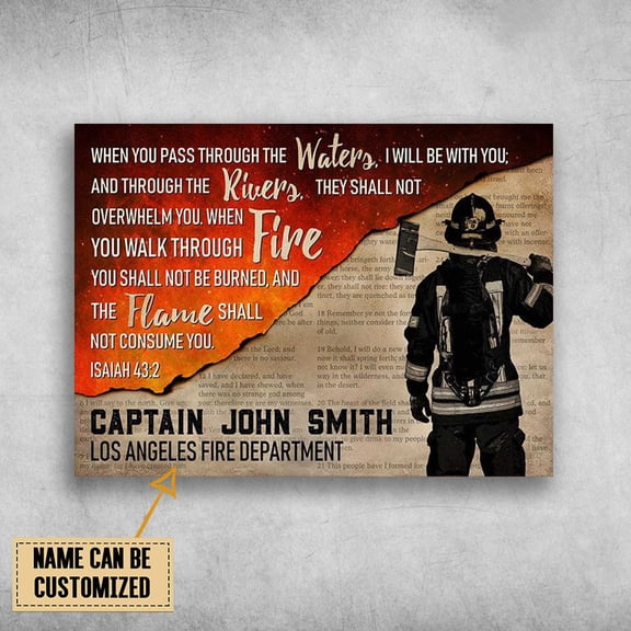 Firefighter Canvas, When You Pass Through The Water, I Will Be With You Customized Personalized NAME 11 x 17 Inch Poster