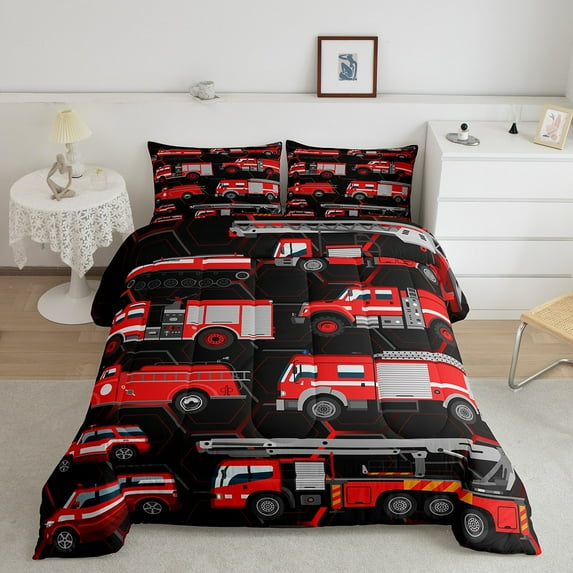 Firefighter Car Bedding Set Red Truck Comforter Set Queen for Boys Girls Construction Site Bedding Sets & Collections Kids Tractors Duvet Insert Toddlers Equipped Car Quilted Comforter 3pcs
