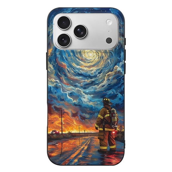 Firefighter Cartoon Sky Art Black TPU Case for iPhone 17 Pro Max Slim Shockproof Protective Phone Cover