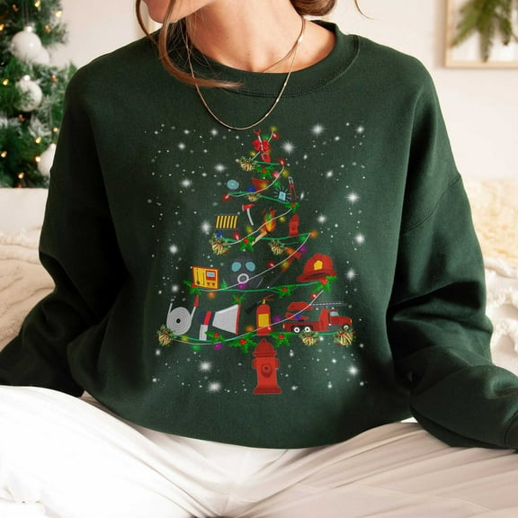 Firefighter Christmas Tree Sweatshirt, Funny Firefighter Lover Gift, Firefighter Christmas Lights Sweatshirt, Christmas Tree Shirt for Women and Men
