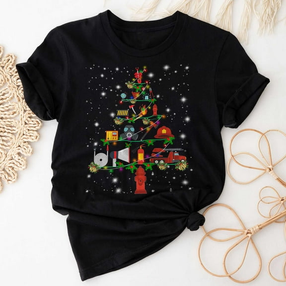 Firefighter Christmas Tree T-Shirt, Funny Firefighter Lover Gift, Firefighter Christmas Lights T-Shirt, Fire Man Christmas Tree Shirt for Men Women