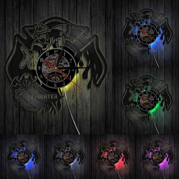 Firefighter Clock Fire Dept Wall Decor Wall Clock Firemen Helmet Fire Rescue Vinyl Record Wall Clock Burned Maltese Cross Clock With LED