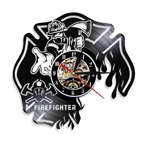 Firefighter Clock Fire Dept Wall Decor Wall Clock Firemen Helmet Fire Rescue Vinyl Record Wall Clock Burned Maltese Cross Clock Without LED