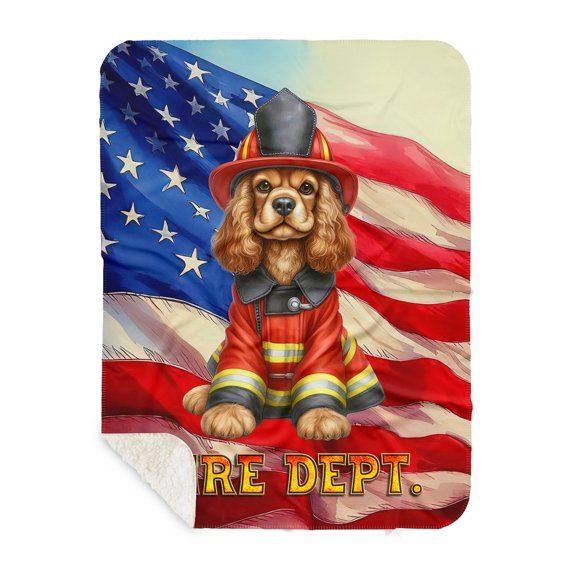 Firefighter Cocker Spaniel Hero Rescue Fire Dept Fireman USA Flag Cozy Sherpa Blanket Cockers Dog Lover Gifts Warm Soft Throw Blanket - 02026