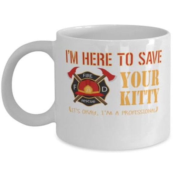 Firefighter 11 oz Coffee Mug - Here to Save Your Kitty White Ceramic Gift