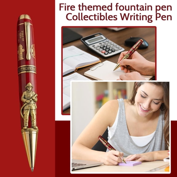 Firefighter Collectible Fountain Pen, 3D Relief Fireman Design Writing Instrument with Gift Box for Office Desk Decor & Signature, 6.69" L Commemorative Stationery