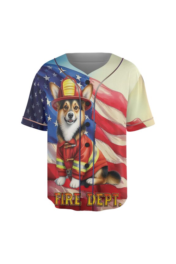 Firefighter Corgi Hero Rescue Fire Dept Fireman USA Flag All Over Print 3D Baseball Shirt Welsh Corgi Dog Lover Gifts Idea Softball Sport - 02026
