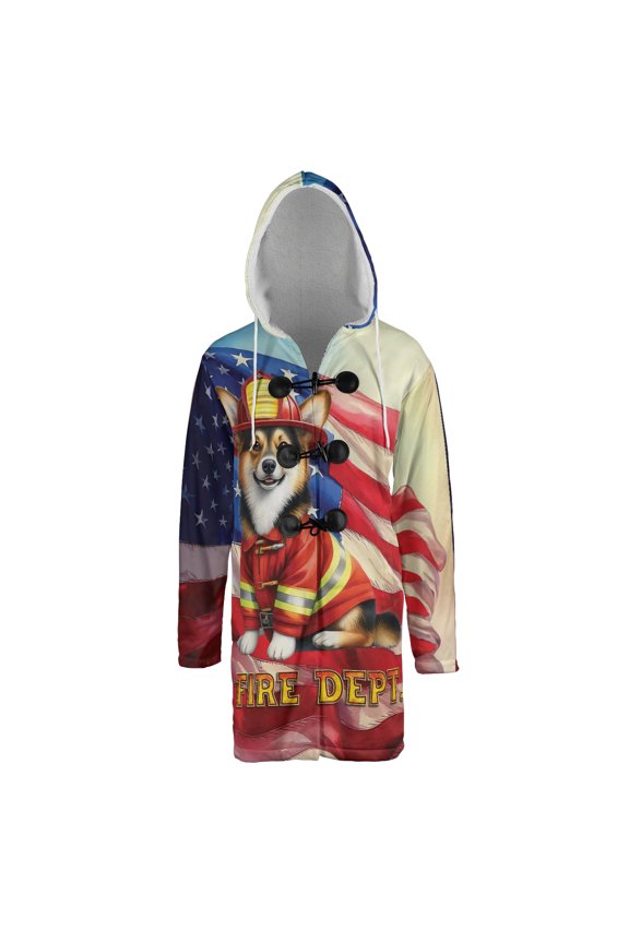 Firefighter Corgi Hero Rescue Fire Dept Fireman USA Flag All Over Print 3D Hooded Duffle Toggle Coat Welsh Corgi Dog Lover Gifts Idea - 02026