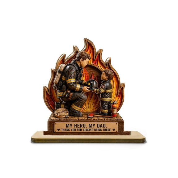Firefighter Dad Personalized Wooden Plaque, 2026 New Father Gift, Fireman Figurine Desk Decor, Fathers Day Keepsake from Kids,Wooden Stand Gift for Dad, Papa, Grandpa