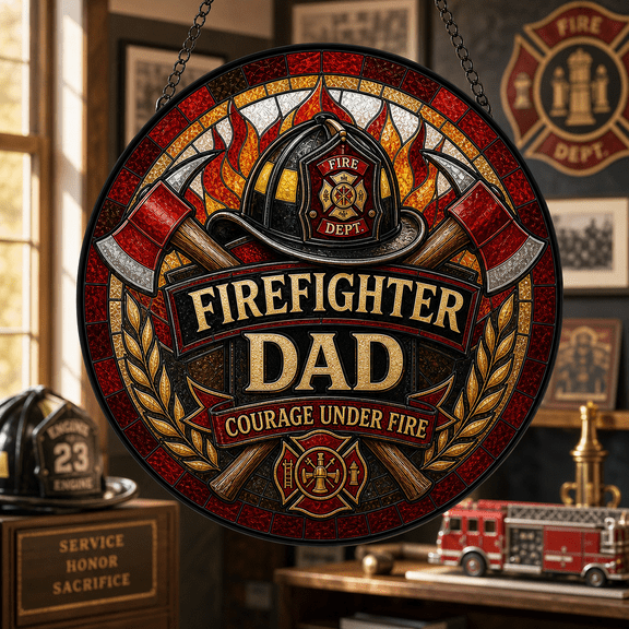 Firefighter Dad Stained Glass Suncatcher Courage Under Fire Gift for Father