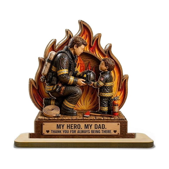 Firefighter Dad Wooden Plaque, THANK YOU FOR ALWAYS BEING THERE Father Gift, Fireman Figurine Desk Decor, Fathers Day Keepsake from Kids, 2 Layer Wooden Stand Gift for Dad, Papa, Grandpa