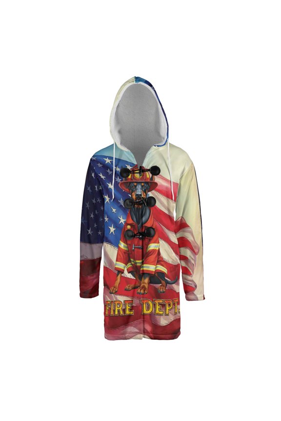Firefighter Doberman Pinscher Hero Rescue Fire Dept Fireman USA Flag All Over Print 3D Hooded Duffle Toggle Coat Doberman Dog Lover Gifts - 02026