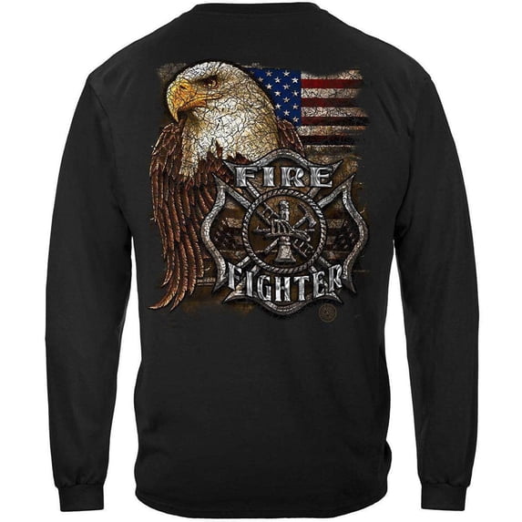 Firefighter Eagle And Flag Firefighter 100% Cotton Black Long Sleeves T-Shirt Small