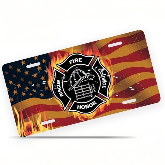 Firefighter Emblem with Flag Front License Plate, Metal License Plate, Funny Standard Plates Personalized Novelty Decorative For Men/Women/Boys/Girls Car 6×12 Inch