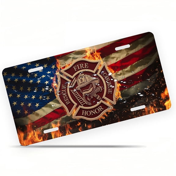 Firefighter Emblem with USA Flag Front License Plate, Metal License Plate, Funny Standard Plates Personalized Novelty Decorative For Men/Women/Boys/Girls Car 6×12 Inch