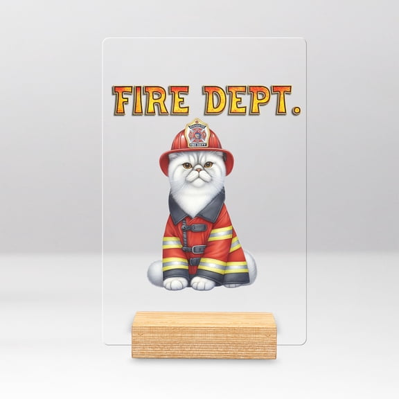Firefighter Exotic Shorthair Hero Rescue Fire Dept Fireman USA Flag Acrylic Plaque Sign Ashwood Base Cat Lover Kitten Owner Gifts Home Desk Decor - 02026