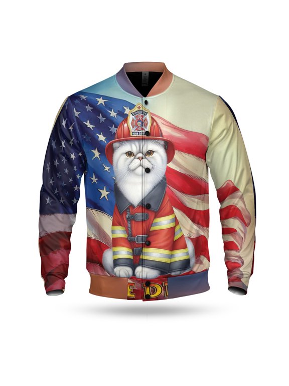 Firefighter Exotic Shorthair Hero Rescue Fire Dept Fireman USA Flag All Over Print 3D Baseball Jacket Cat Lover Kitten Owner Gifts Bomber Jacket Softball - 02026