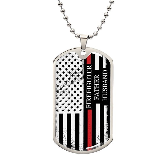 Firefighter Father Husband Dog Tag Chain - Silver or Gold - Graphic Military Dog Tag Necklace (Optional Personalized Engraving)