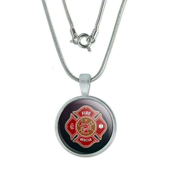 Firefighter Fire Rescue Maltese Cross 0.75" Pendant with Sterling Silver Plated Chain