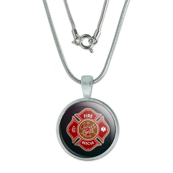 Firefighter Fire Rescue Maltese Cross 0.75" Pendant with Sterling Silver Plated Chain