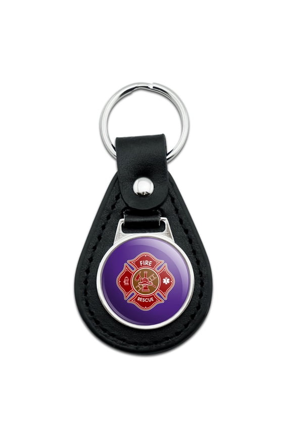 Firefighter Fire Rescue Maltese Cross Black Leather Keychain