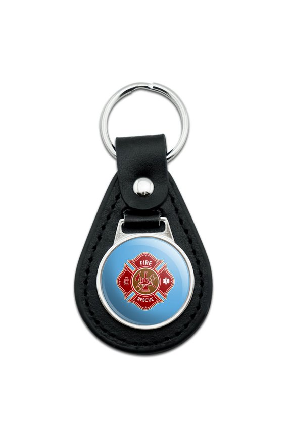 Firefighter Fire Rescue Maltese Cross Black Leather Keychain