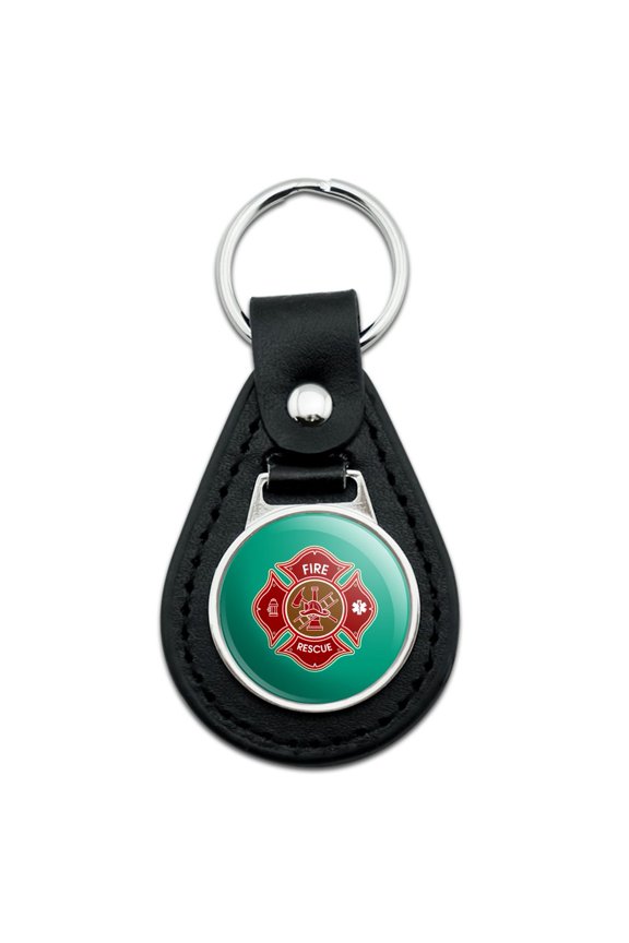 Firefighter Fire Rescue Maltese Cross Black Leather Keychain