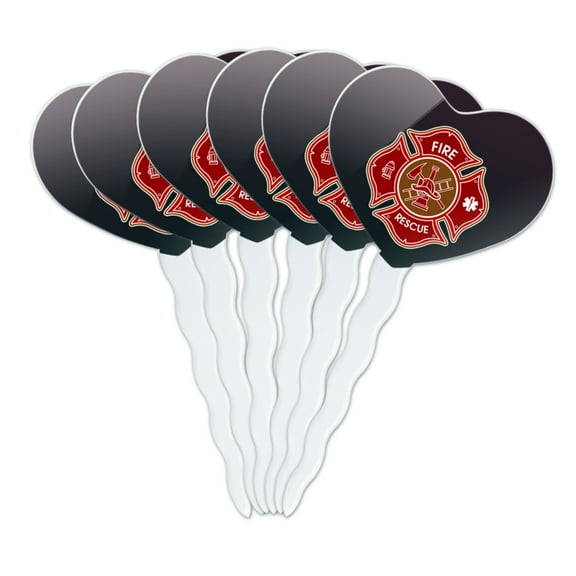 Firefighter Fire Rescue Maltese Cross Heart Love Cupcake Picks Toppers Decoration Set of 6