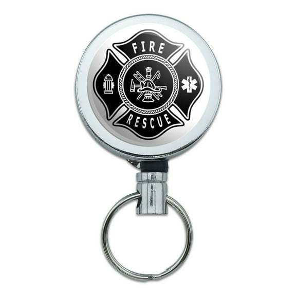Firefighter Fire Rescue Maltese Cross Retractable Belt Clip Badge Key Holder