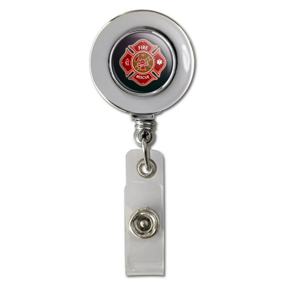 Firefighter Fire Rescue Maltese Cross Retractable Reel Chrome Badge ID Card Holder Clip