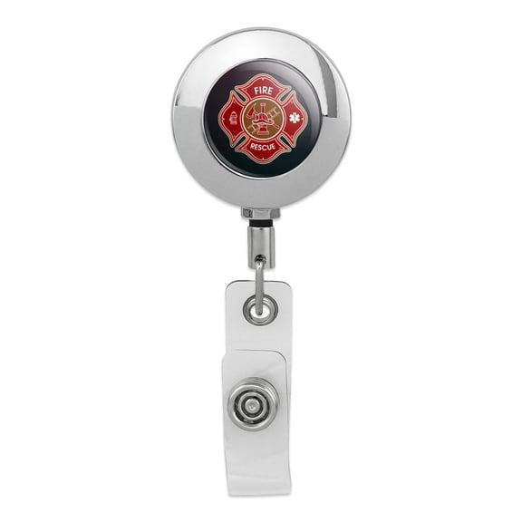 Firefighter Fire Rescue Maltese Cross Retractable Reel Premium Metal Chrome Badge ID Card Holder Clip