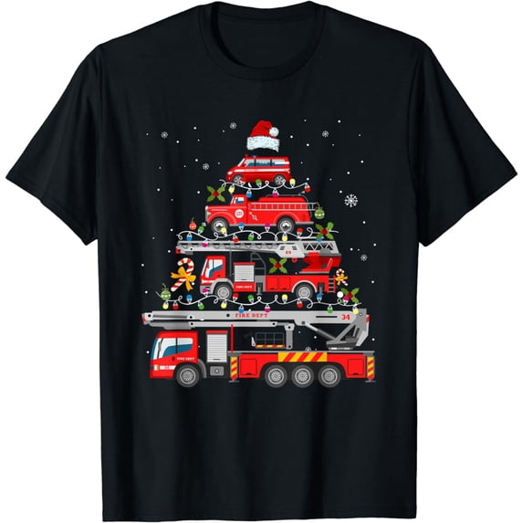 Firefighter Fire Truck Christmas Tree Lights Santa Fireman T-Shirt
