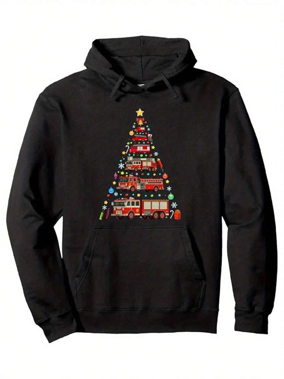 Firefighter Fire Truck Christmas Tree Men's Soft And Stylish Pullover Hoodie, Adjustable Drawstring And Front Kangaroo Pockets