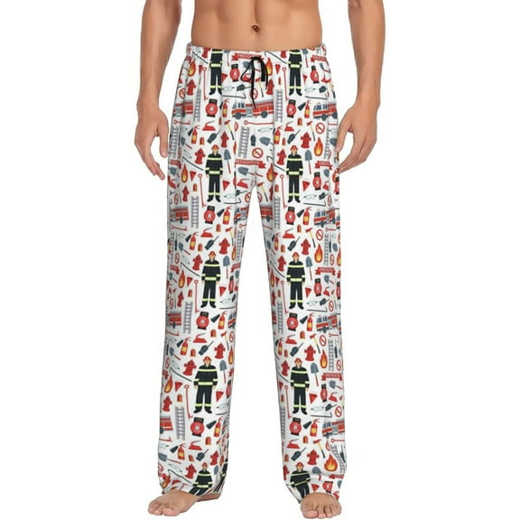 Firefighter Fire Truck Fireman Pattern Men's Pajama Pants Soft Breathable Sleep Lounge Pants With Pockets, Elastic Waist Pjs Bottoms For Nightwear & Home Medium